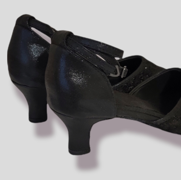 Italian Small Heel Sparkly Black Dance Shoes with Ankle Strap and Buckle - Picture 6 of 9